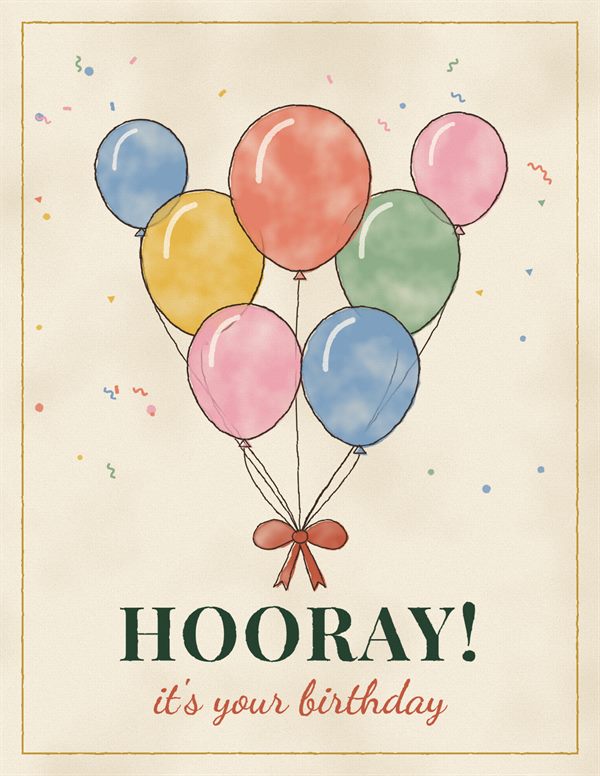 Hooray birthday card with balloons